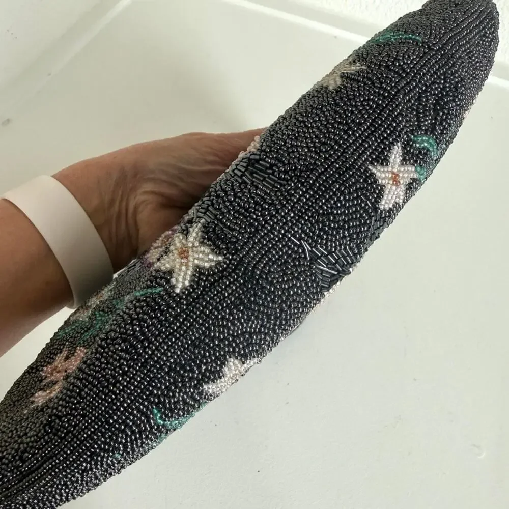 Vintage Black Floral Beaded Evening Bag Retro Glam 1950s Art Deco‎ Collectible